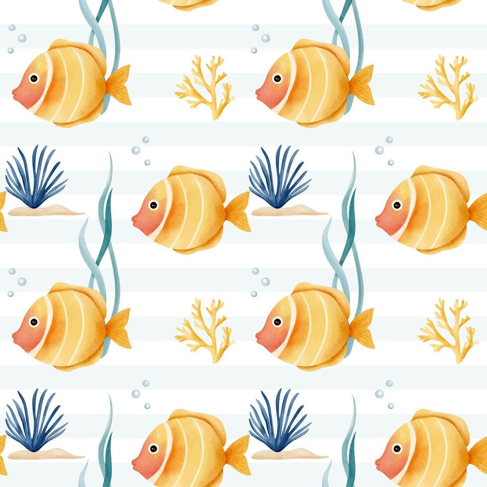 Seamless pattern with watercolor tropical fish. Underwater characters. Hand drawn marine animals pattern. vector
