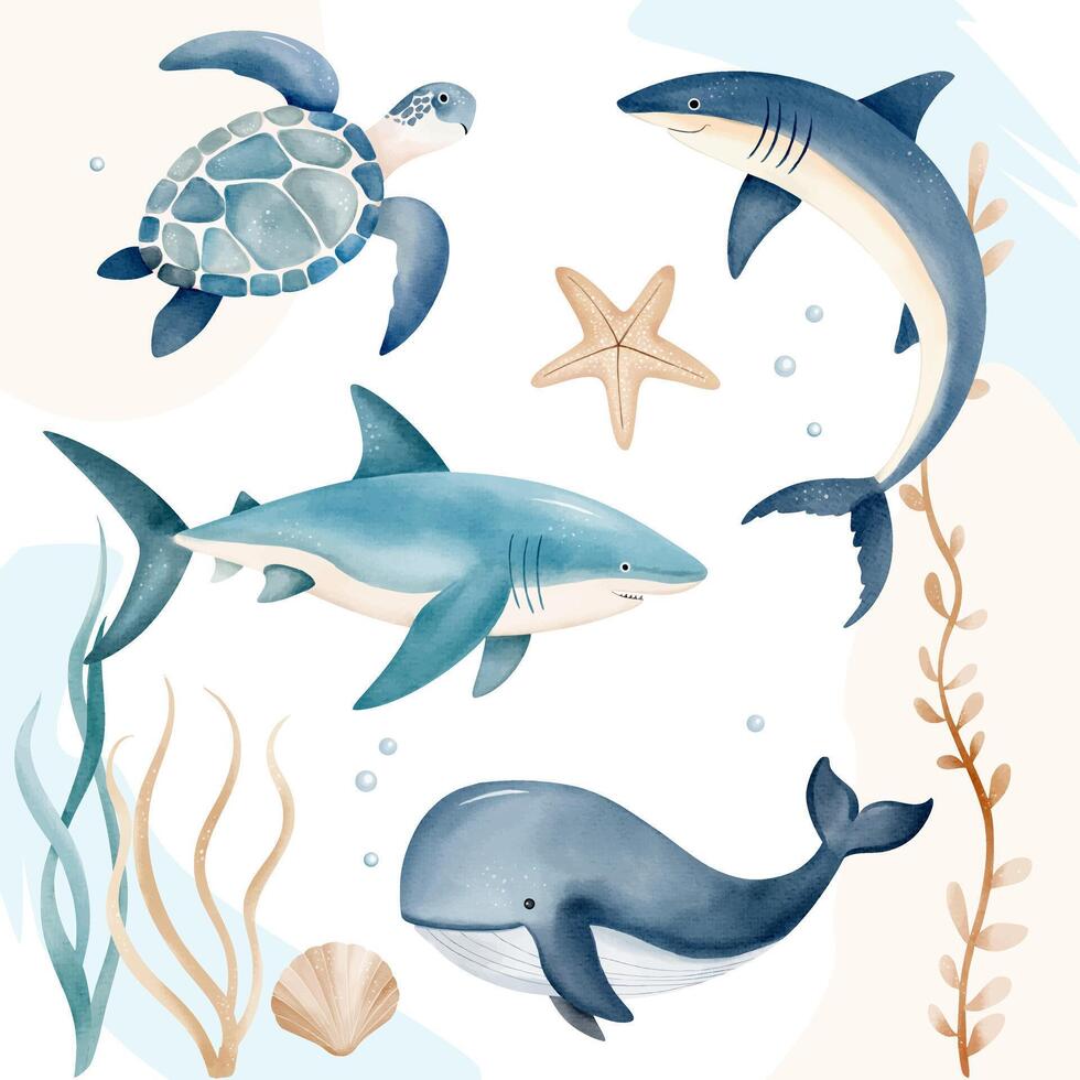 Watercolor marine animals. Water inhabitants. Cute fishes, shark, whale, turtle. Hand drawn underwater sea life vector