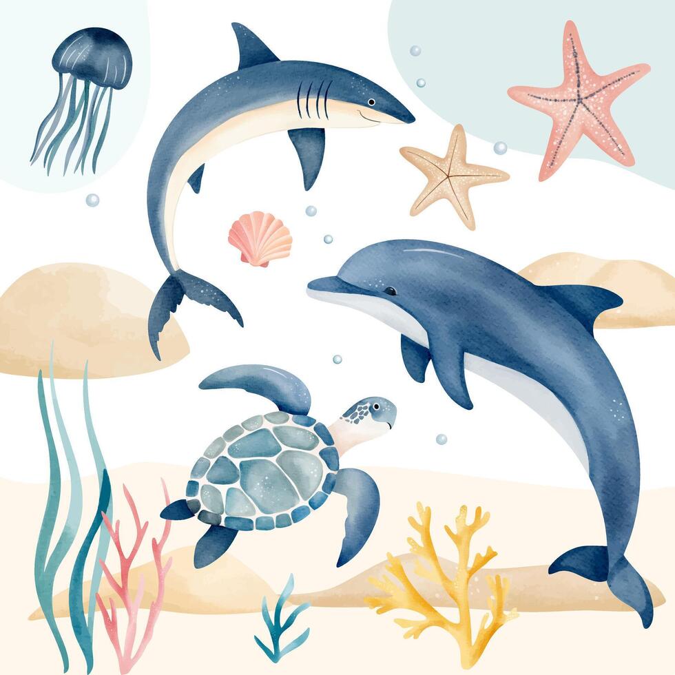 Cute fishes, shark, dolphin, turtle. Hand drawn underwater sea life. Watercolor marine animals. Water inhabitants. vector