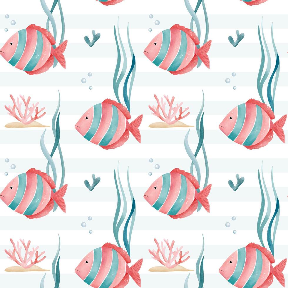 Seamless pattern with watercolor fish. Hand drawn marine animals pattern. Underwater characters. vector