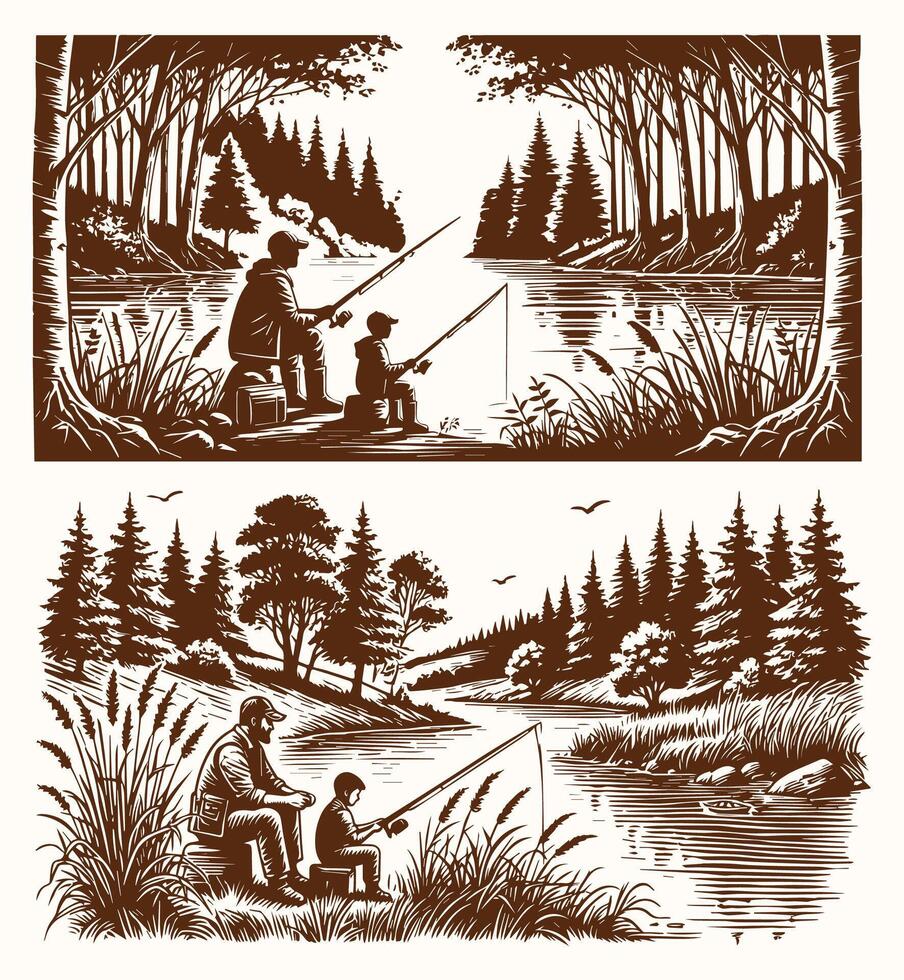 Dad And Son Doing Fishing In River Silhouette vector