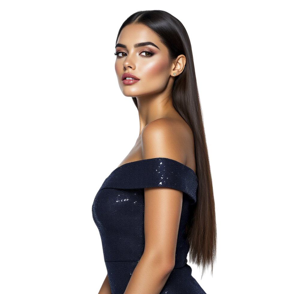 The model wears a navy dress with sequins png
