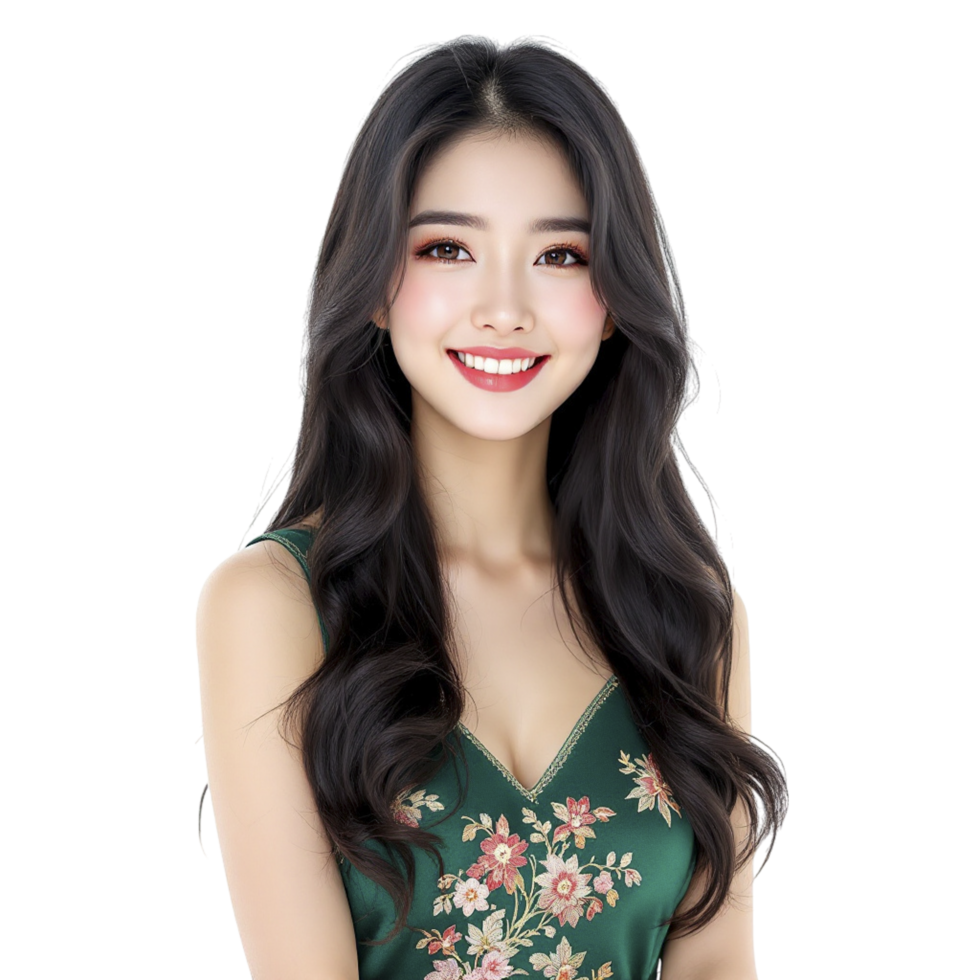 A woman with long hair and a green dress png