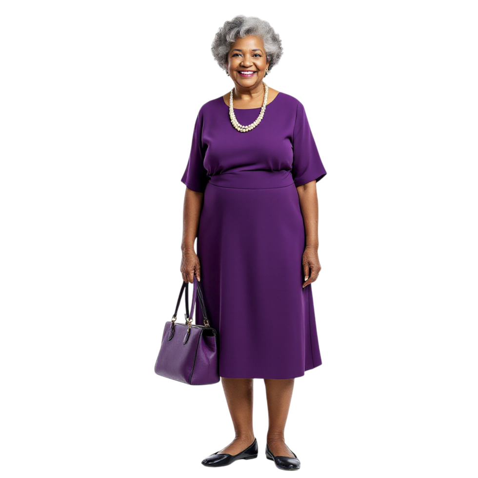 An older woman in purple dress and purse png