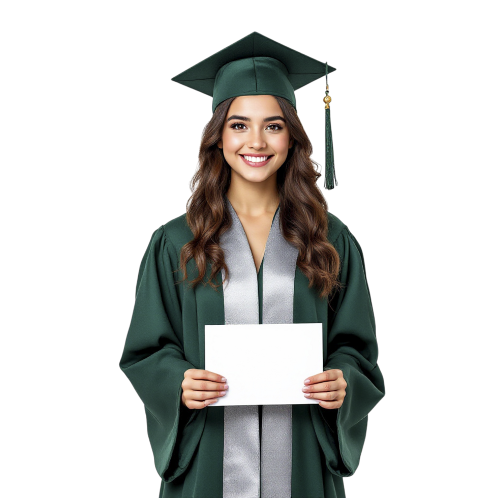 A young woman in a graduation gown holding a blank card png