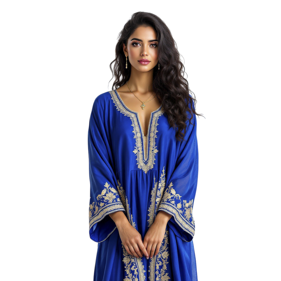 The blue kaftan dress is made from silk and has gold embroidery png