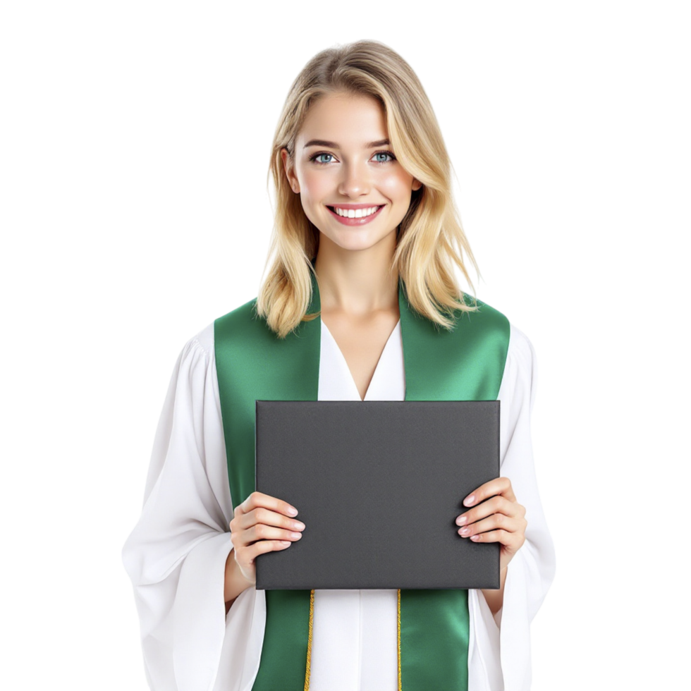 A woman in a graduation gown holding a blank board png