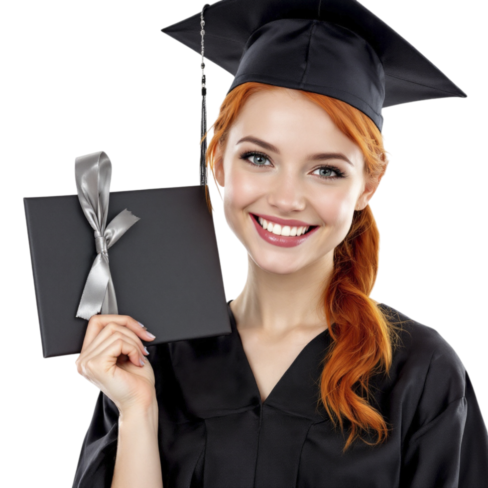 A beautiful red haired woman in a graduation gown holding a black book png