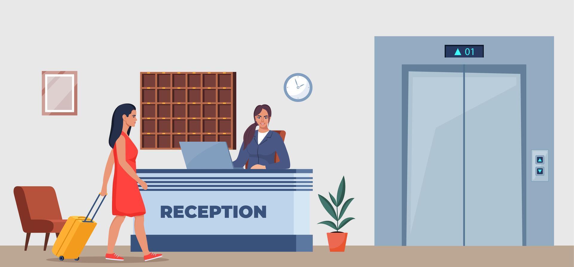 Hotel lobby, reception. Woman receptionist behind the desk, guest with baggage checking in. Hotel Arriving. Tourism, business trip concept. Interior of inn. vector