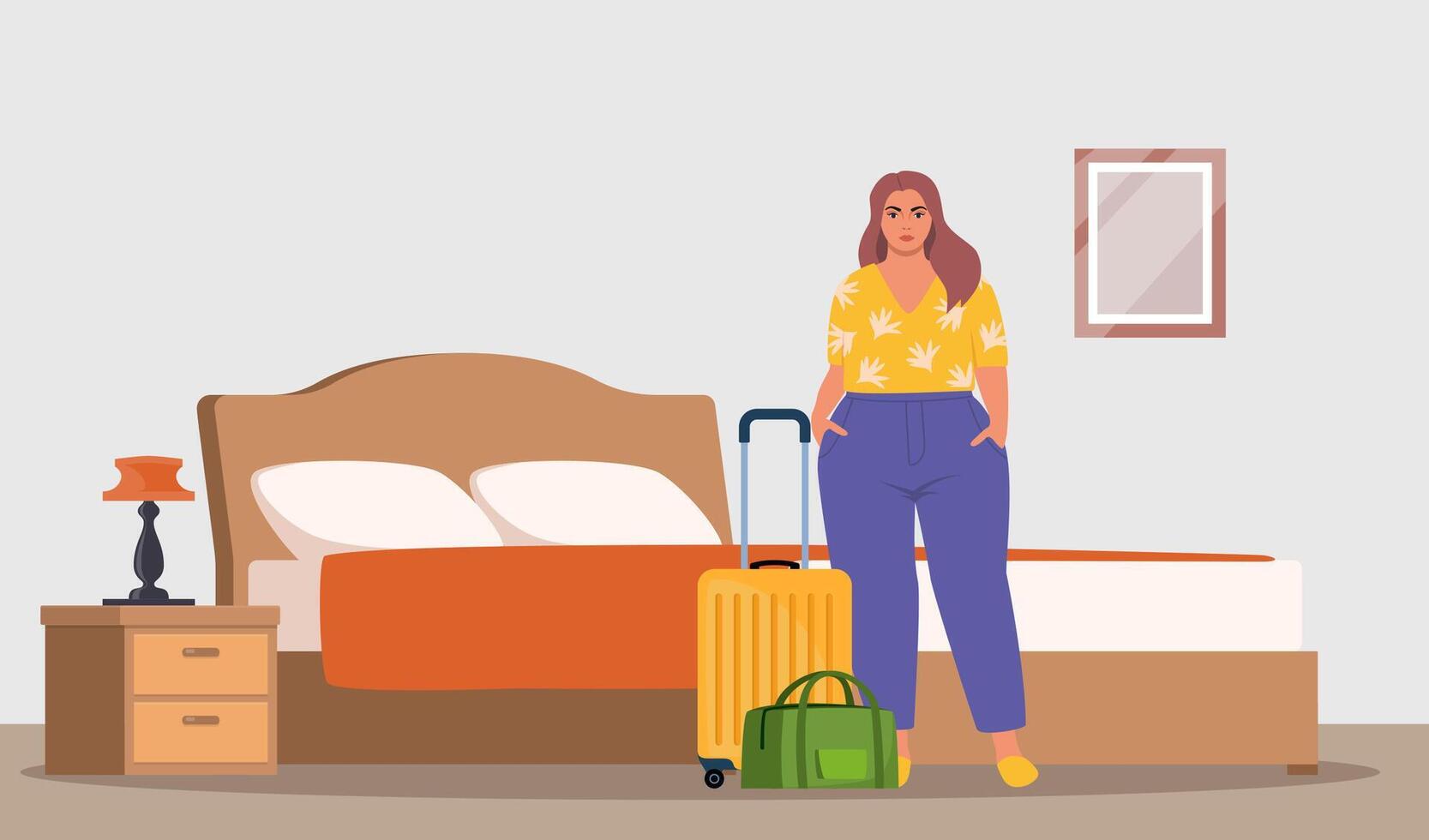 Woman with suitcases standing in hotel room apartment. Bedroom interior with bed, bedding and bedside lamp. Hotel guest moves into the room. illustration. vector