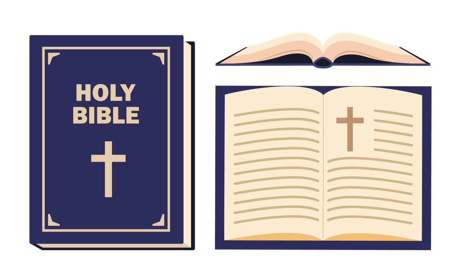 Christian Holy Bible Book. Bible books that open, close, showing cover. Religious Text Containing Stories And Prophecies vector