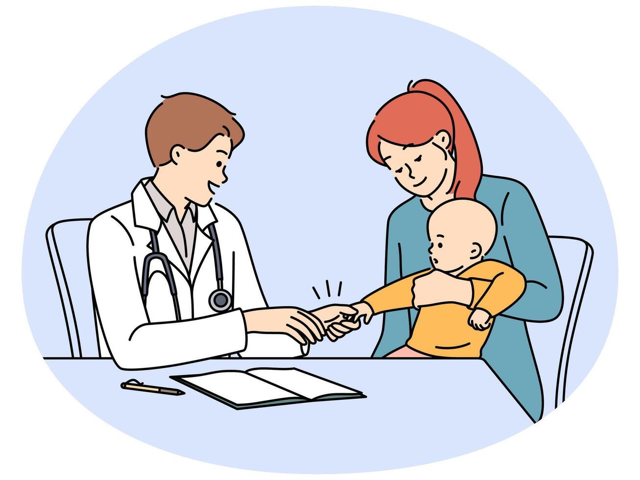 Smiling mother with baby at doctor appointment vector