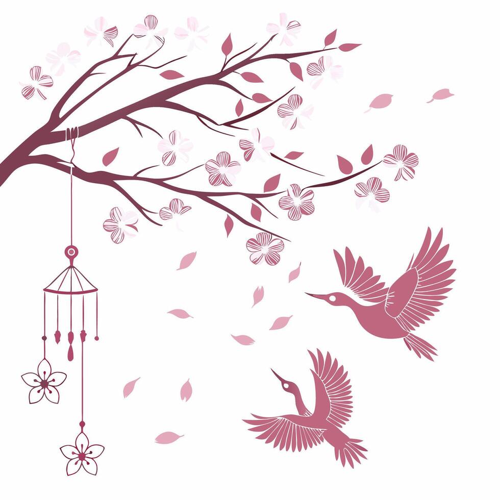 a pink bird and a wind chime flying over a tree with flowers vector