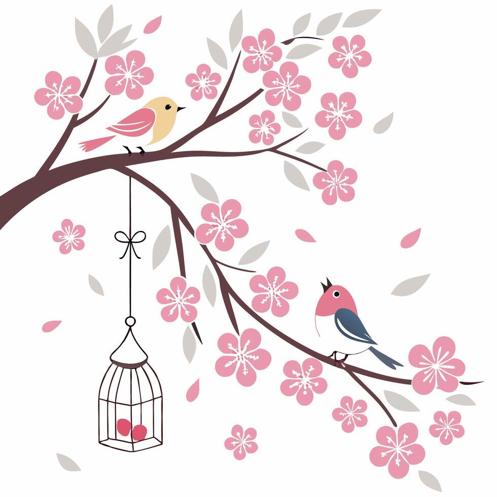 two birds on a branch with flowers and a birdcage vector