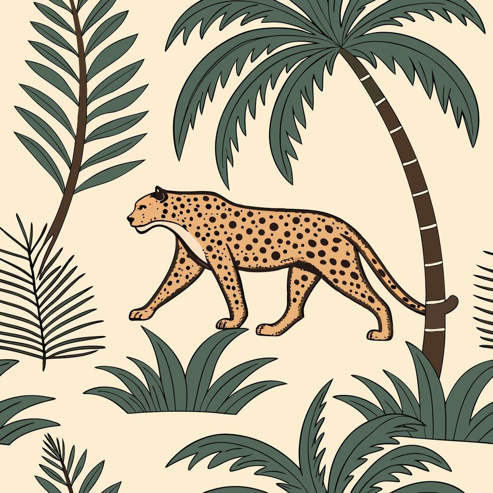 a leopard walking through the jungle with palm trees vector