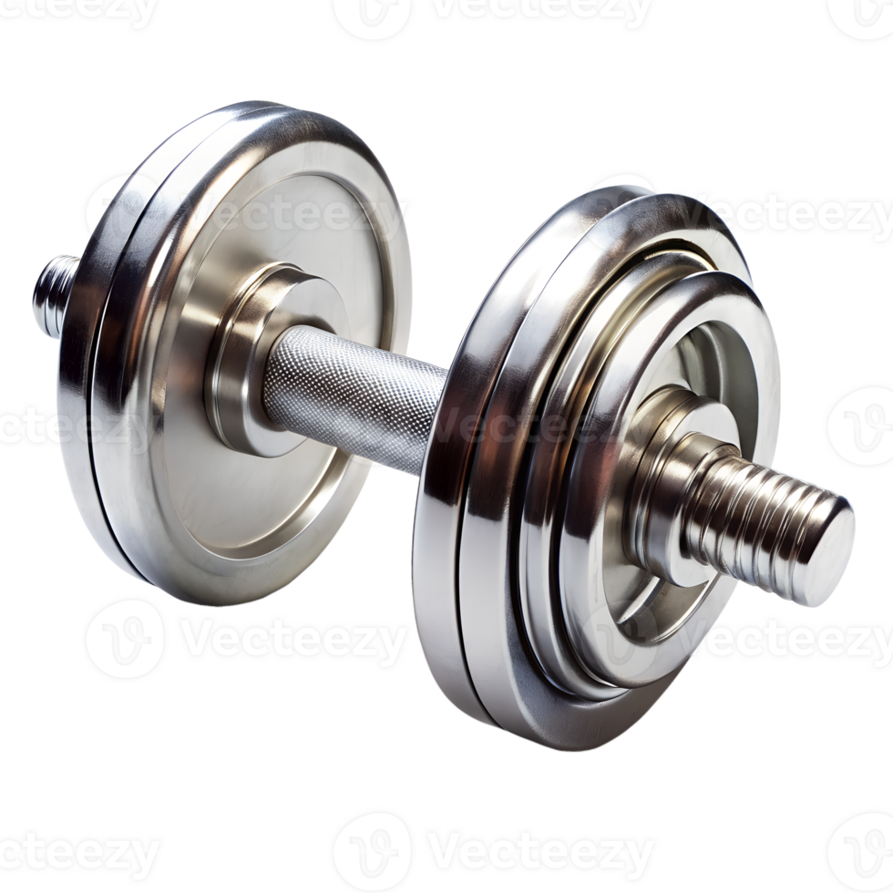 Closeup of a shiny chrome dumbbell isolated on transparent background with knurled handle and multiple weight plates png