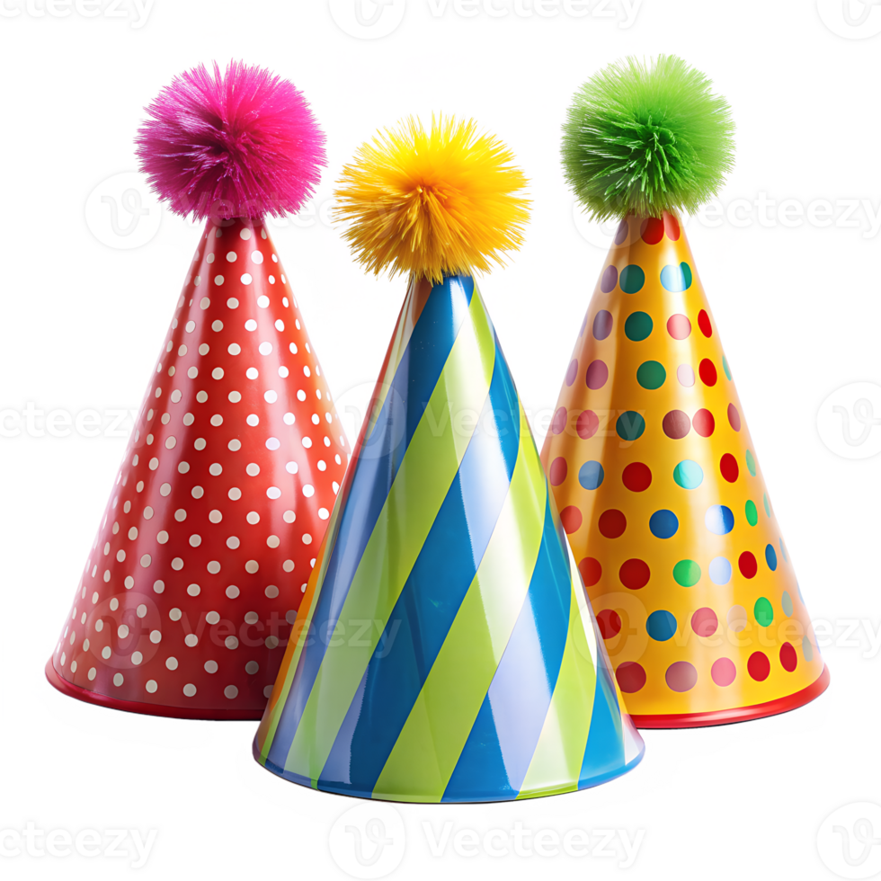 Three Colorful Party Hats with isolated on transparent background Pompoms Ready for a Festive Celebration png