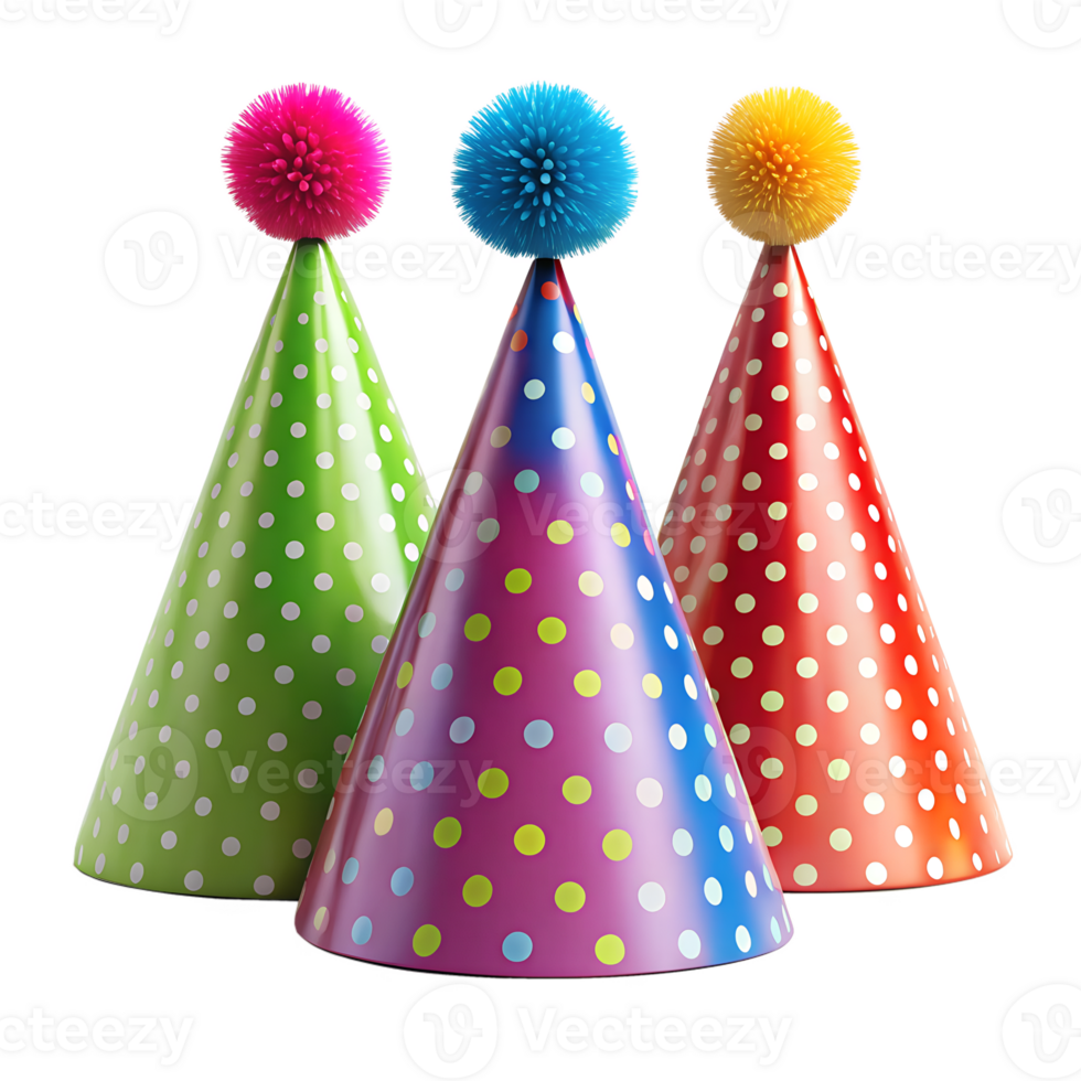 Three colorful party hats with isolated on transparent background fluffy tops and polka dots png