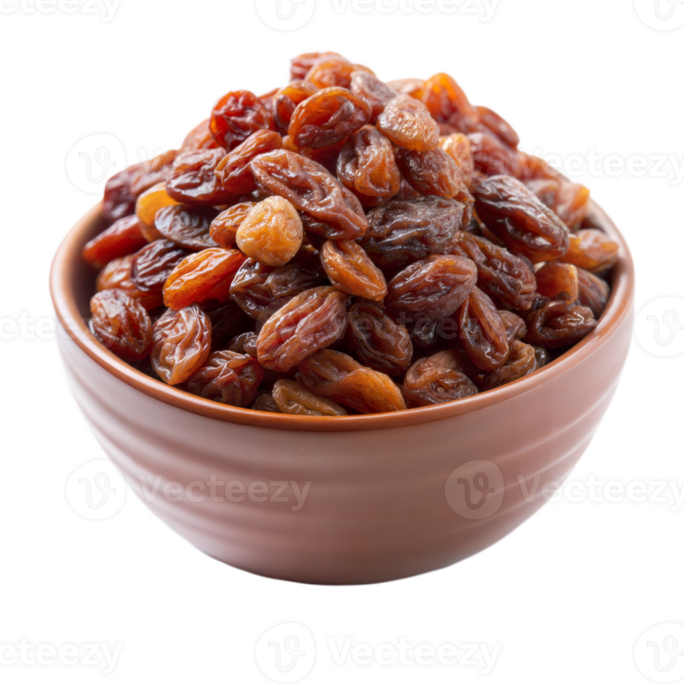 A Bowl of Delicious Brown Raisins Ready isolated on transparent background to Eat Sweet Dried Fruit Snack Healthy Food png