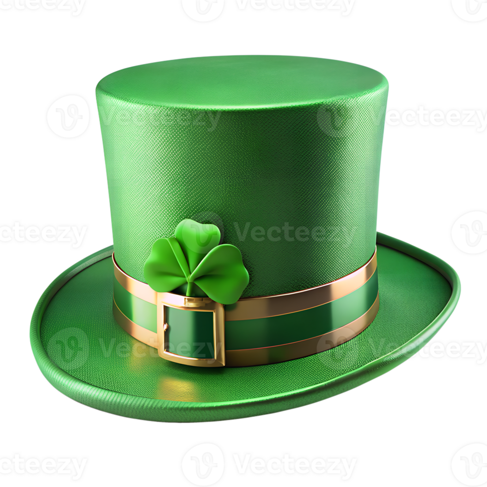 A Detailed 3D Render of a Festive isolated on transparent background Green Leprechaun Hat with Gold Accents and Shamrock png