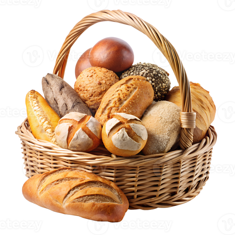 A wicker basket overflowing with a delightful assortment isolated on transparent background of freshly baked bread loaves rolls and buns png