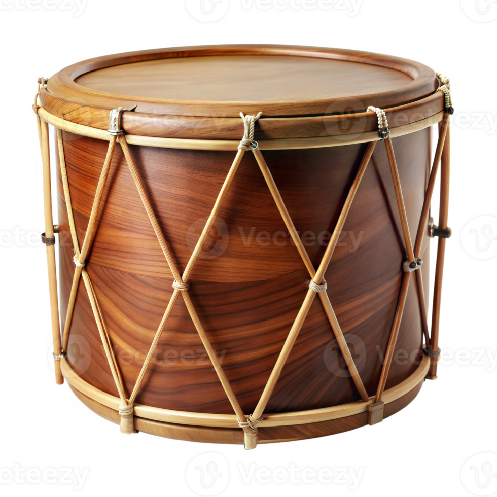 A Beautifully Crafted Wooden Drum isolated on transparent background with Intricate Details and Elegant Design png