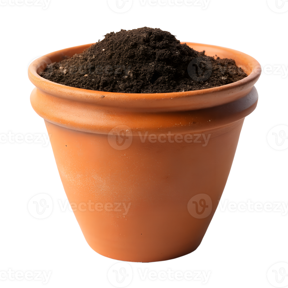 A terracotta pot filled with dark brown soil ready for planting png