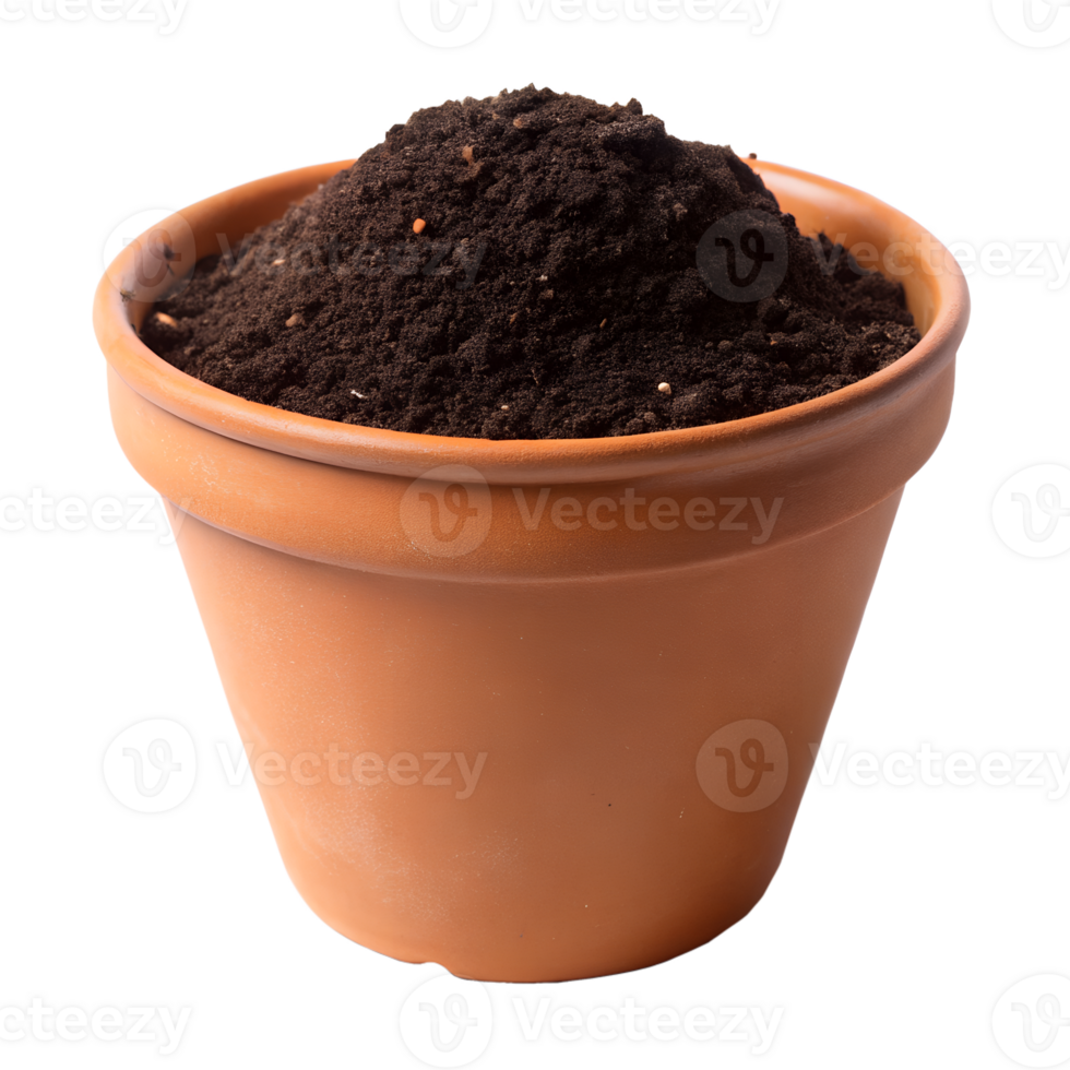 A terracotta pot filled with dark brown potting soil ready for planting png