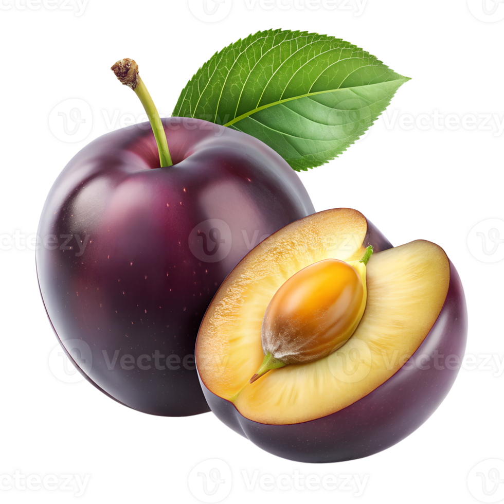 A juicy ripe plum and a halved plum showing the seed and flesh png
