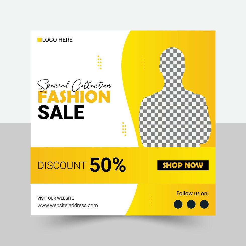 fashion sale banner, modern design, yellow and white color scheme, discount, shop now button, silhouette placeholder, logo space, website and social media icons vector