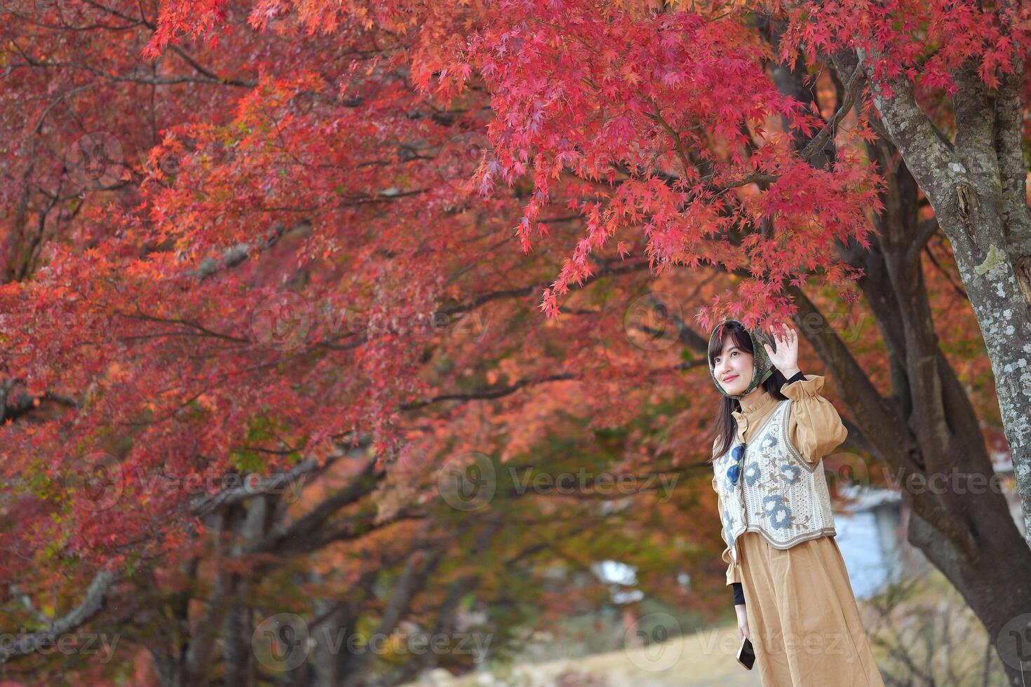 A woman in a brown dress standing in front of a tree photo