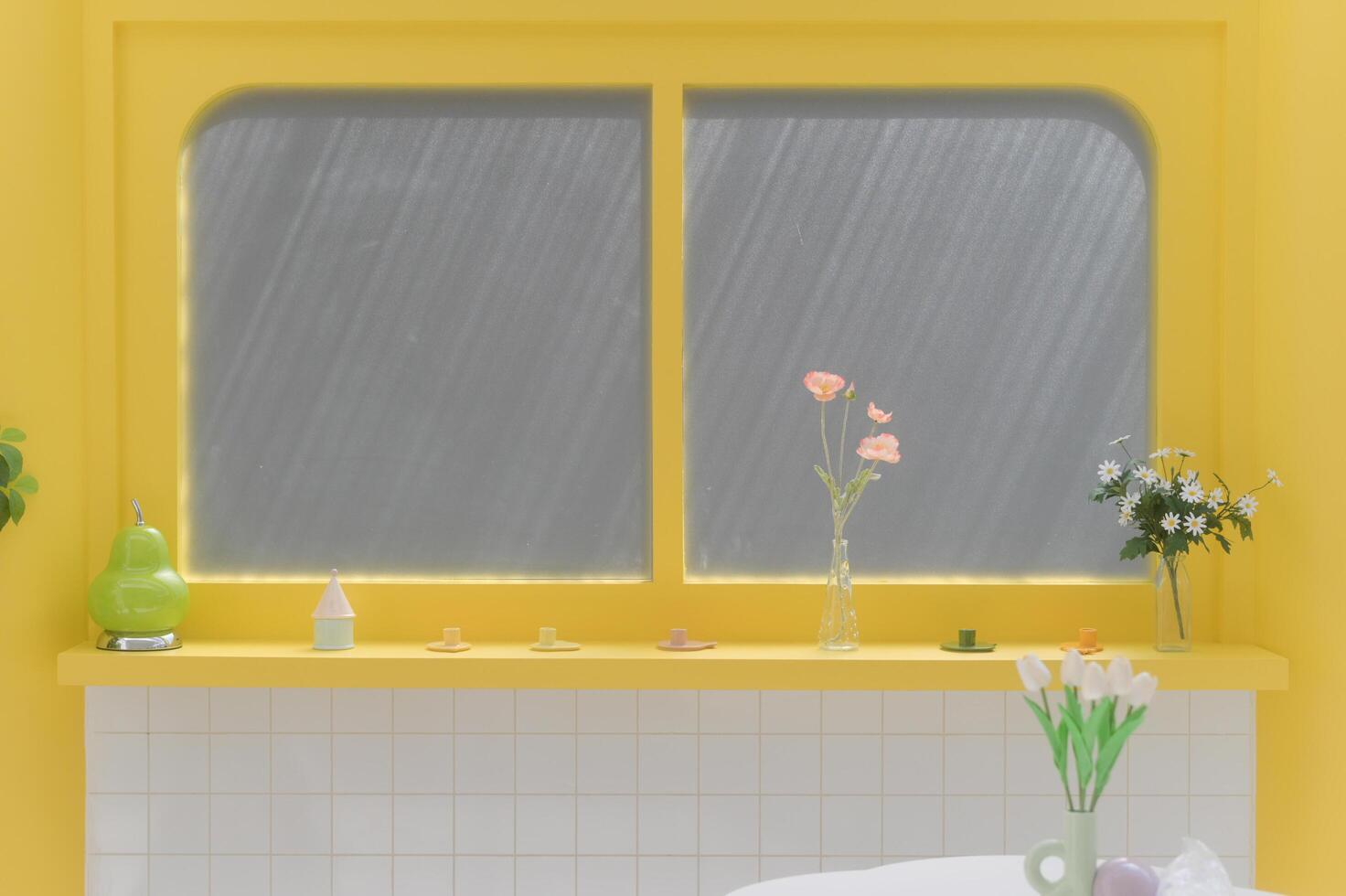bright yellow interior features window with soft light, showcasing decorative flowers and colorful objects on shelf photo