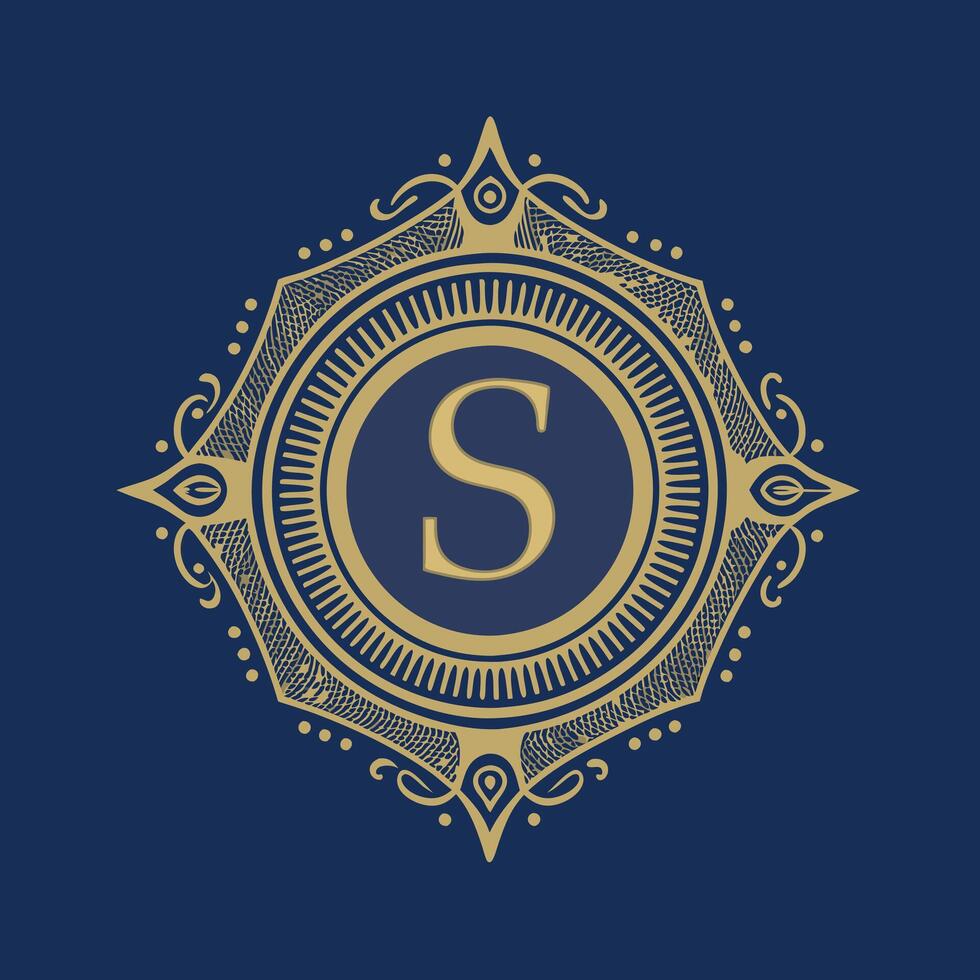 Elegant Gold and Blue Monogram Initial S Logo Design with Ornate Frame vector