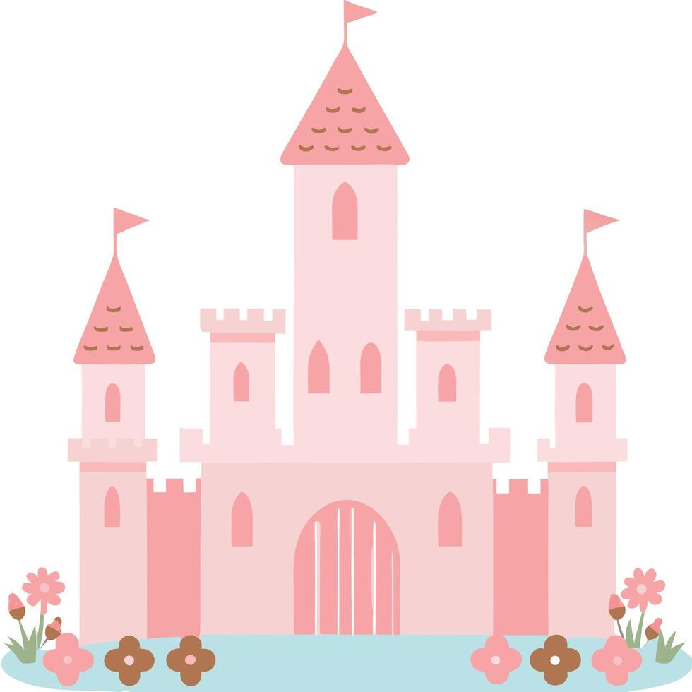A Pretty Pink Princess Castle with Flowers and Flags vector
