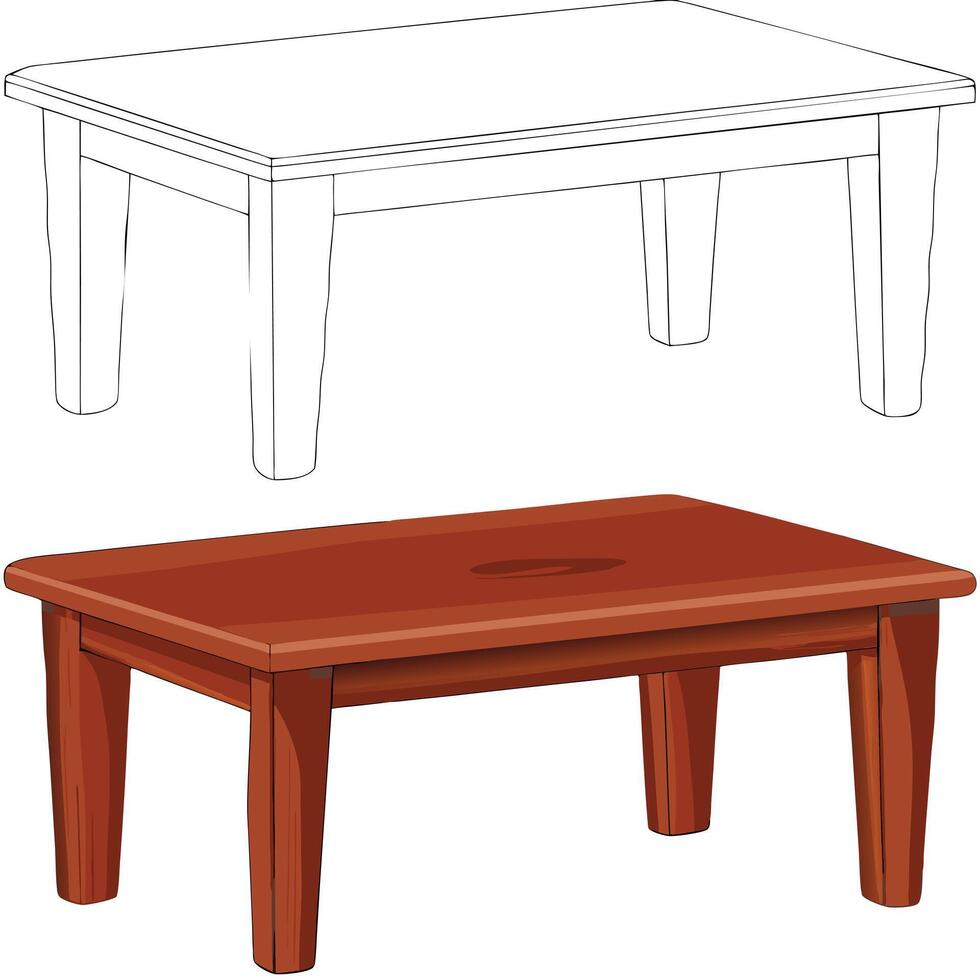 A Detailed of a Simple Wooden Table in Two Views Line Art and Color Rendering vector