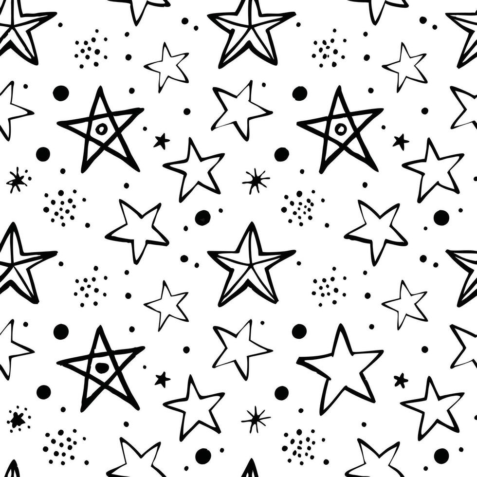 Hand Drawn Starry Night Seamless Pattern Black and White Background Texture vector