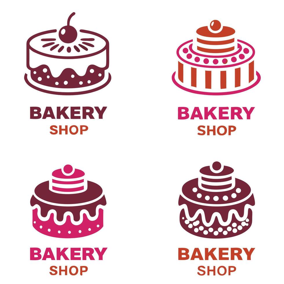 Four Bakery Shop Logos Featuring Delicious Cakes and Pastries vector