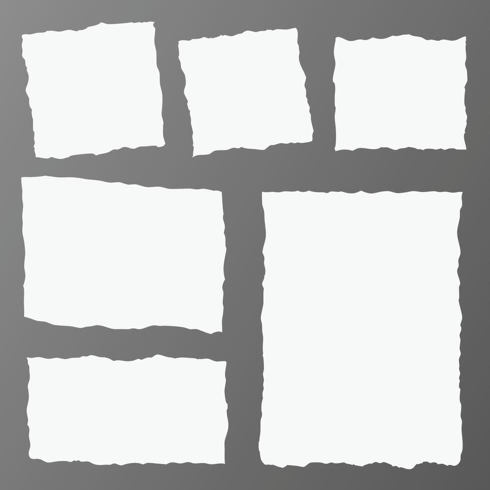 Collection of six blank white torn paper pieces on gray background for message notes or design elements vector