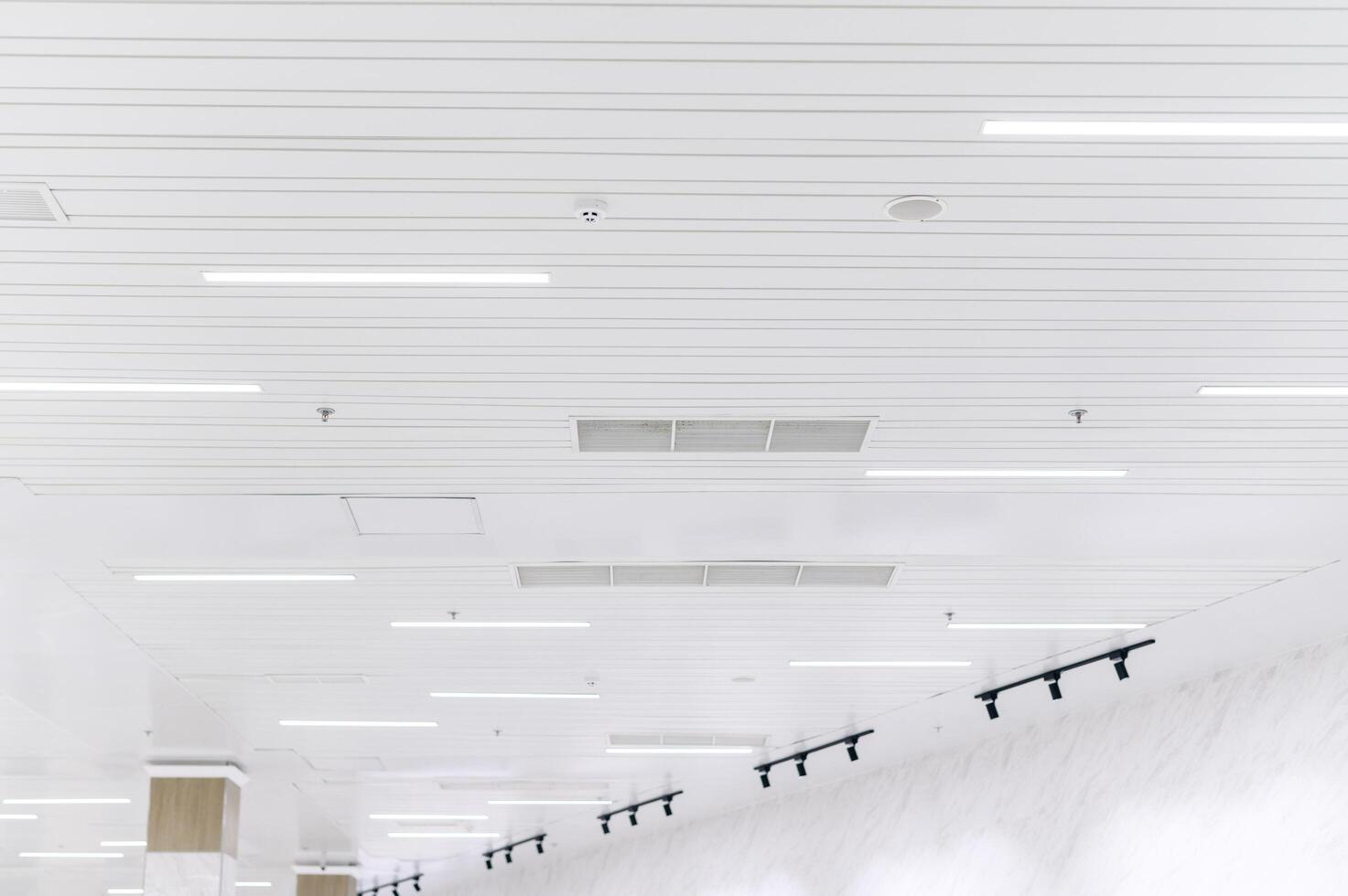 A white ceiling with lights and a wall photo