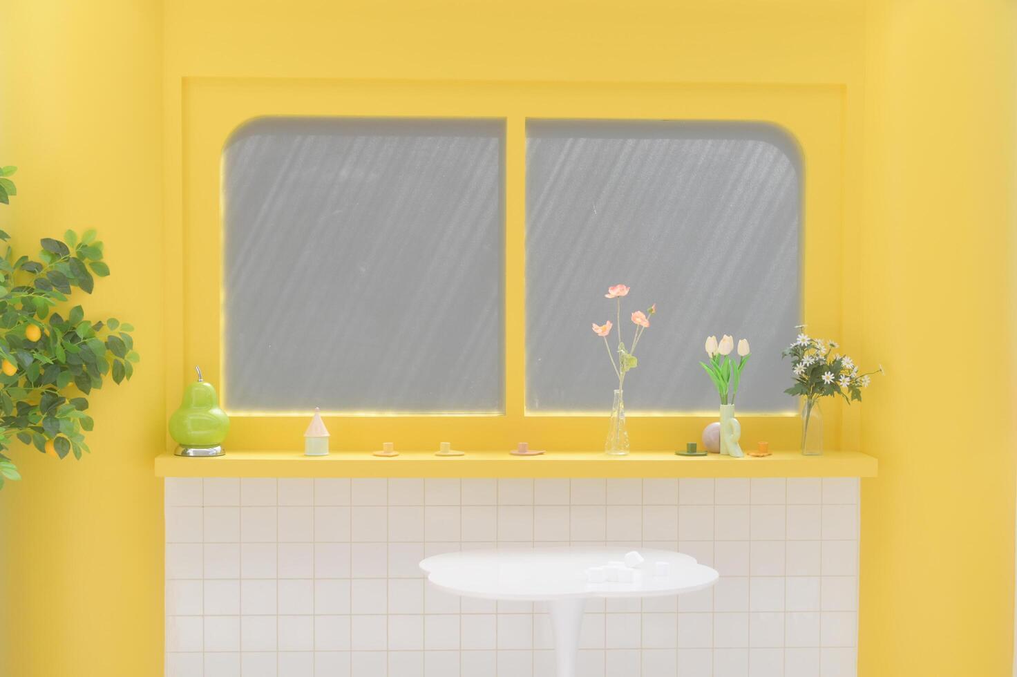 bright yellow interior featuring window, plants, and decorative vases. cheerful atmosphere is enhanced by natural light streaming in photo