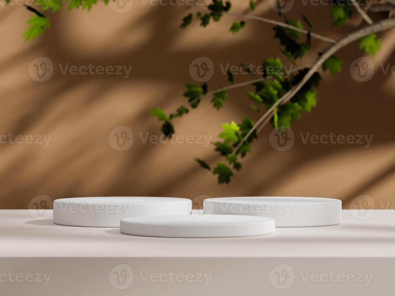 Three white podiums, each with a smooth, modern design, set against a warm, neutral background with subtle maple leaf shadows. photo