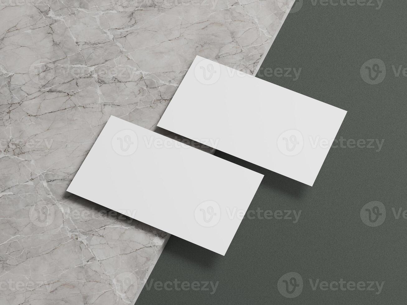 Modern business card mockup with two white cards positioned in a minimalistic layout on a marble surface. photo