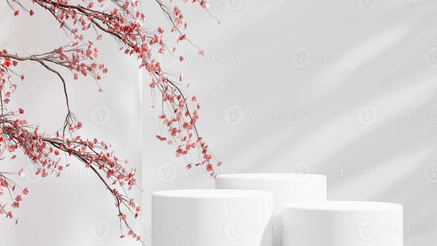 Three white podiums complemented by vibrant pink leaves, enhancing the visual appeal for product displays or ceremonies. photo