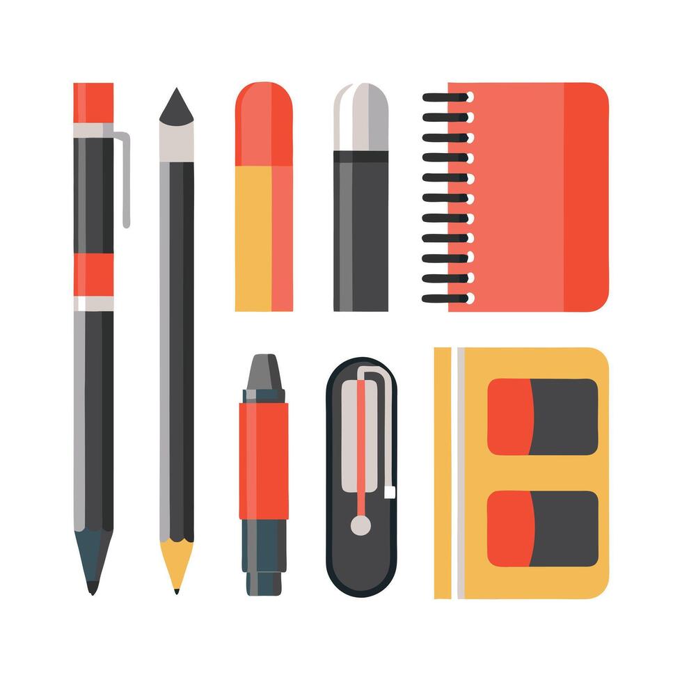 Collection of school and office supplies including pens pencils erasers notebook and sharpener vector
