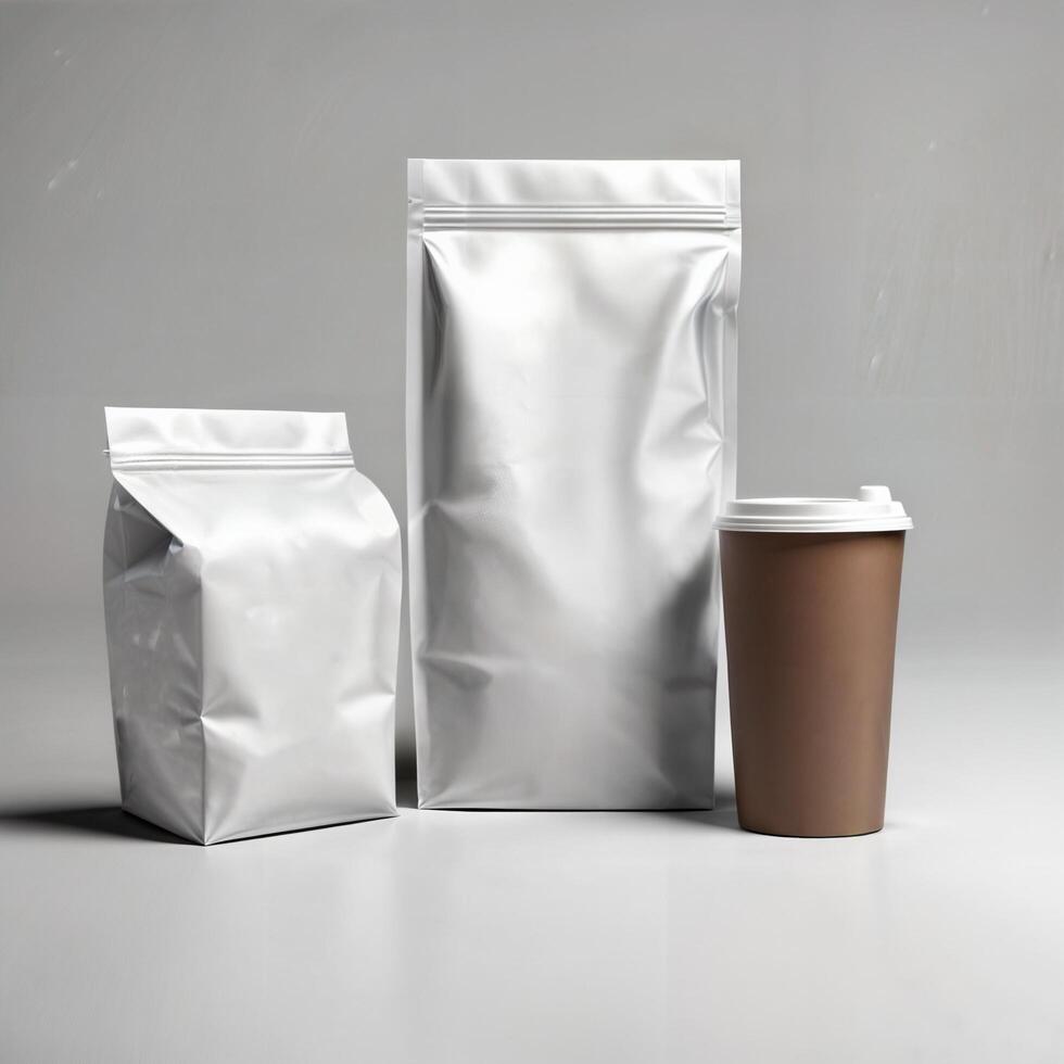 Three different types of coffee cups and bags photo