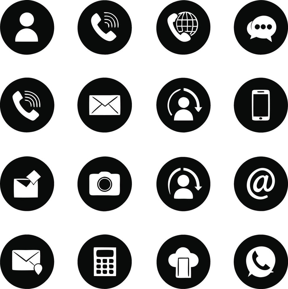 Collection of Basic Communication and Contact Icons in Black Circles vector