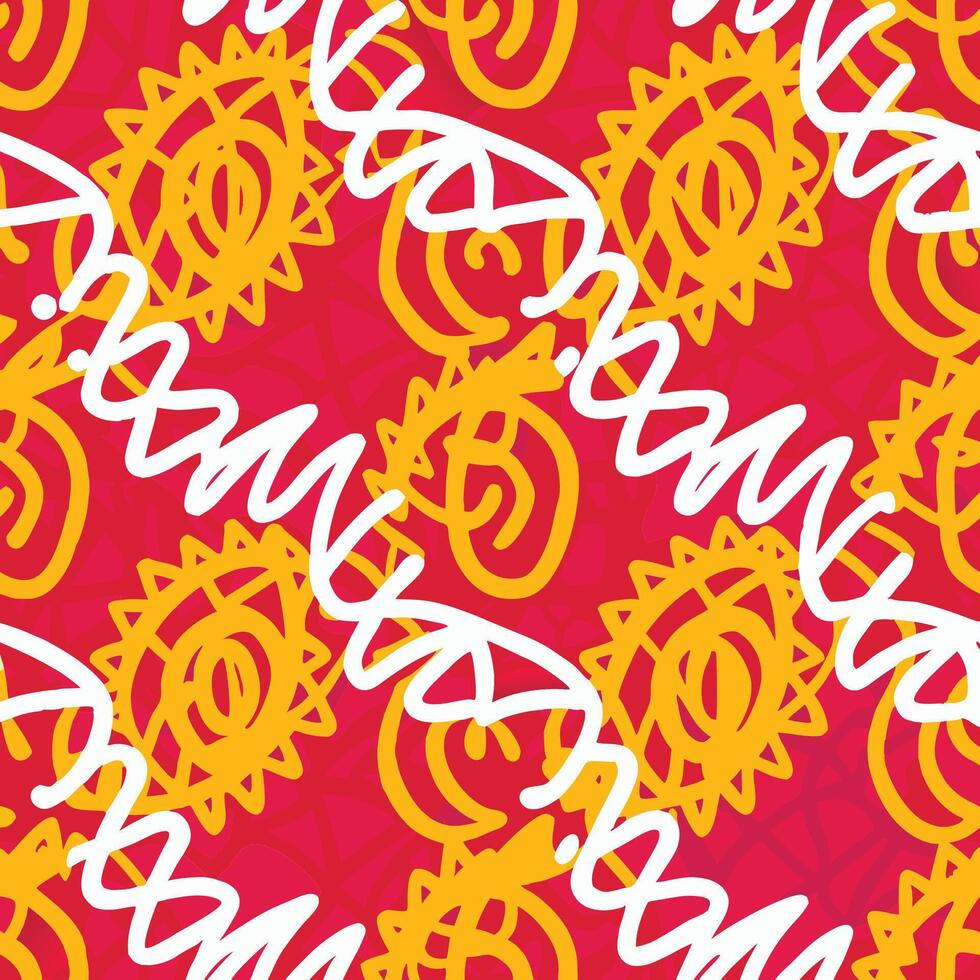 Vibrant Red and Gold Abstract Seamless Pattern with Swirls and Circular Designs vector
