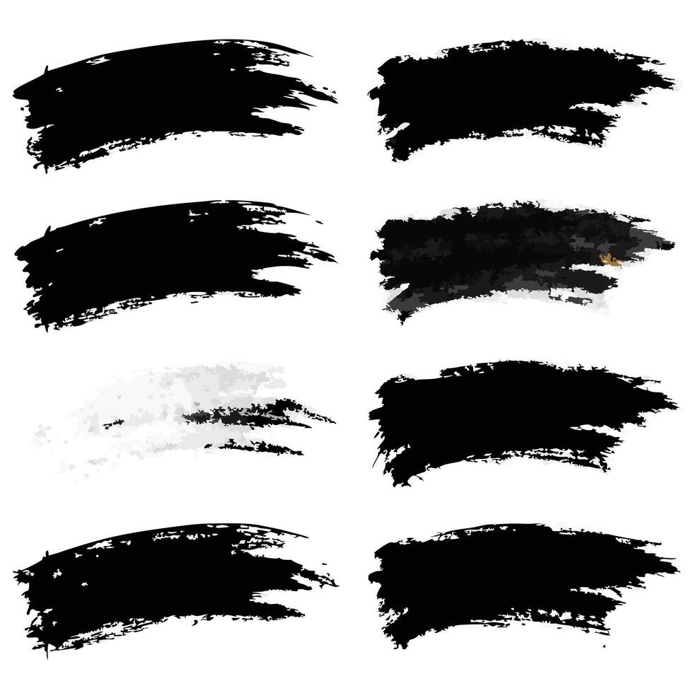 Collection of Eight Abstract Black Ink Brush Strokes on White Background for Design Elements vector