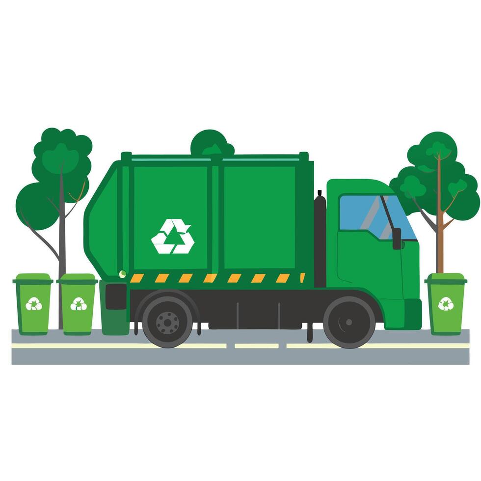 Green Recycling Truck Picking Up Waste on a City Street with Trees and Recycling Bins vector