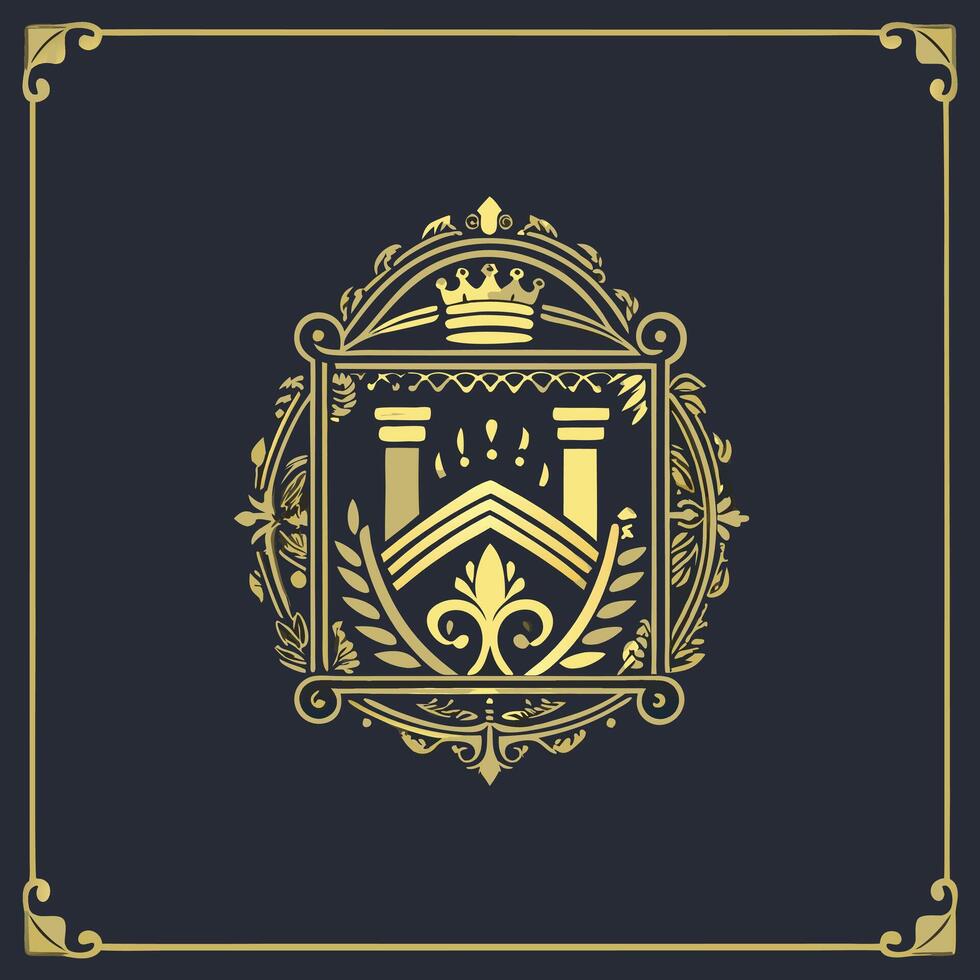 Elegant Golden Crest Design with Royal Crown Pillars Flourishes and Ornate Frame vector